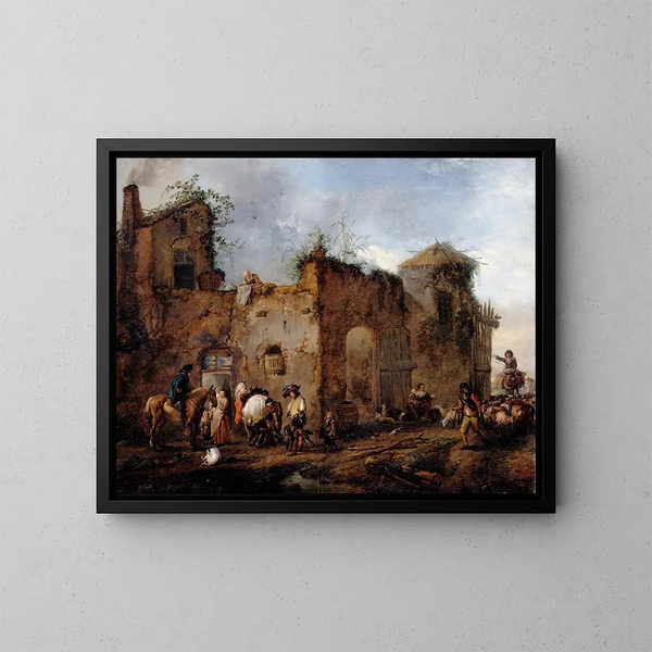 Innergård med en smed som skodder en häst - Philips Wouwerman — inramlat konstverk på väggen