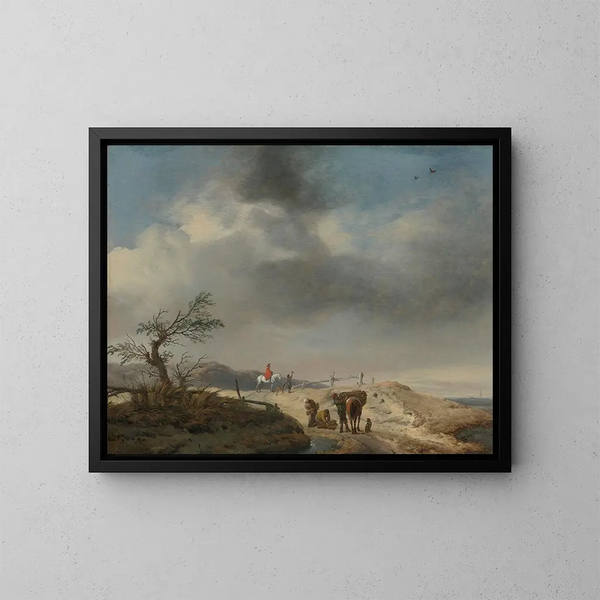 Landskapsbild av sanddyner med figurer - Philips Wouwerman — inramlat konstverk på väggen