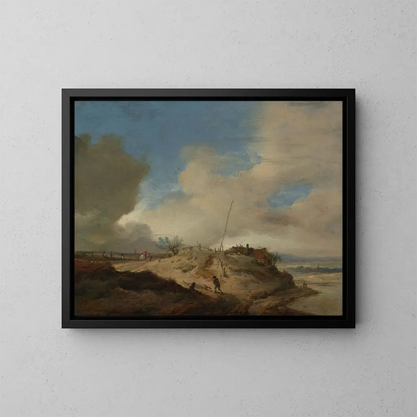 Landskapsbild av sanddyner med en signalstolpe - Philips Wouwerman — inramlat konstverk på väggen