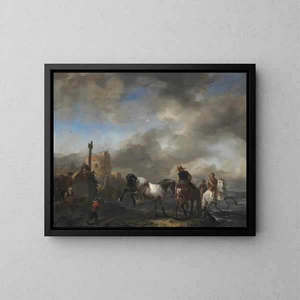 en damm med hästar nära en gränssten - Philips Wouwerman — inramlat konstverk på väggen