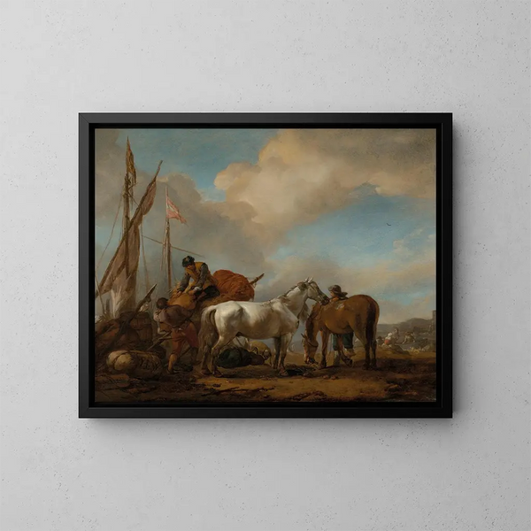 hästar i ett landskap med figurer som lastar säckar på en båt - Philips Wouwerman — inramlat konstverk på väggen