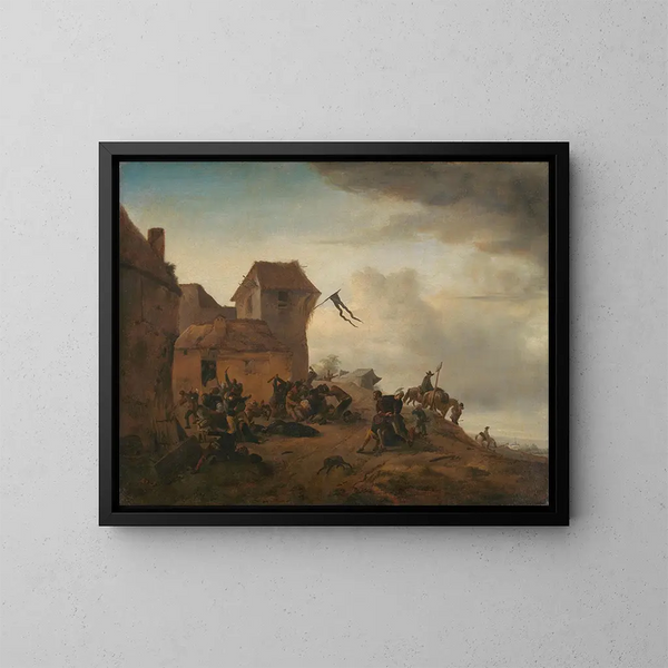 bönder som slåss nära en by - Philips Wouwerman — inramlat konstverk på väggen