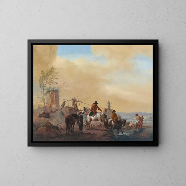 Cavaliers och hästar som vilar vid en flod - Philips Wouwerman — inramlat konstverk på väggen