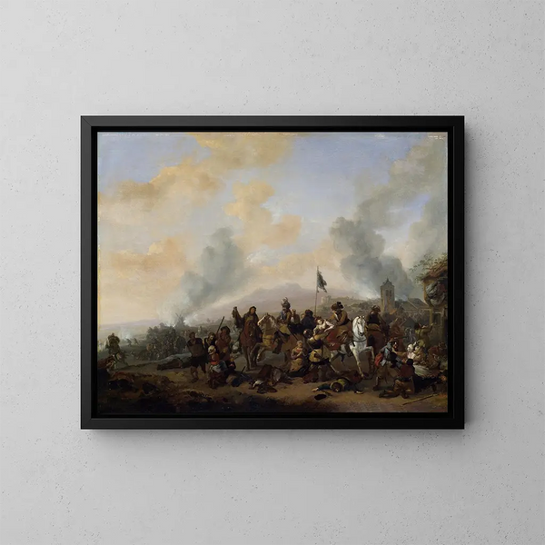 soldater som plundrar en by - Philips Wouwerman — inramlat konstverk på väggen