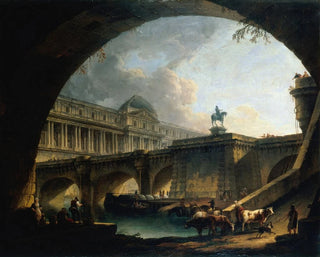 Caprice arkitektonisk av ett palats inspirerat av Louvren och Pont Neuf som ramlar in i bågen av en bro - Pierre-Antoine Demachy — vy av konstverket