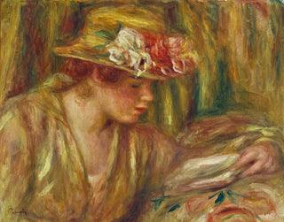 en kvinnobyst i hatt som läser med huvudet vänd åt höger - Pierre-Auguste Renoir — vy av konstverket