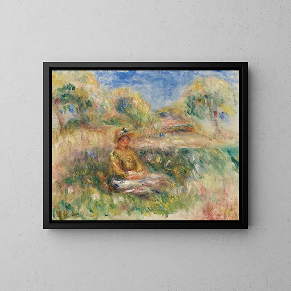 en sittande kvinna i ett landskap - Pierre-Auguste Renoir — inramlat konstverk på väggen