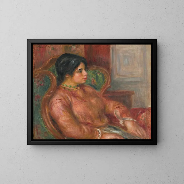 kvinna vid fåtölj grön - Pierre-Auguste Renoir — inramlat konstverk på väggen