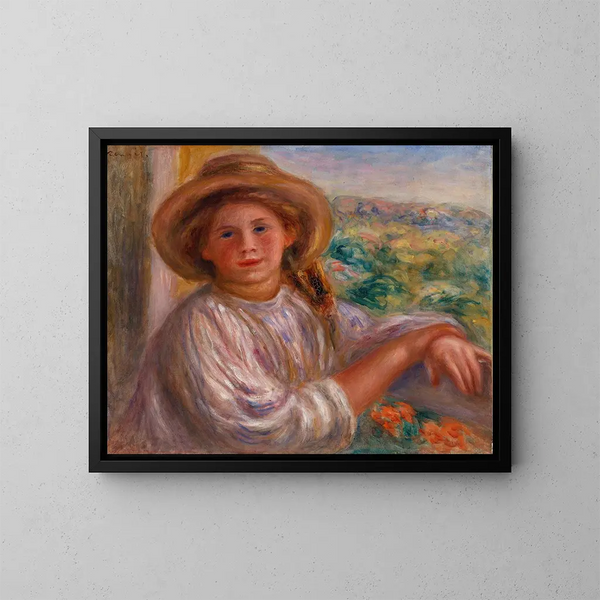 Ung kvinna på balkongen, Cagnes - Pierre-Auguste Renoir — inramlat konstverk på väggen