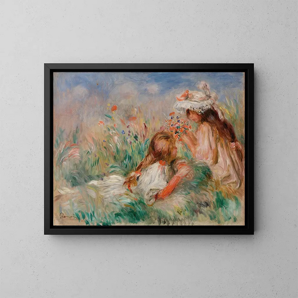 Flickor i gräset som arrangerar en bukett - Pierre-Auguste Renoir — inramlat konstverk på väggen