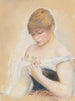 ung kvinna som håller en blomma porträtt av Jeanne Samary - Pierre-Auguste Renoir — vy av konstverket
