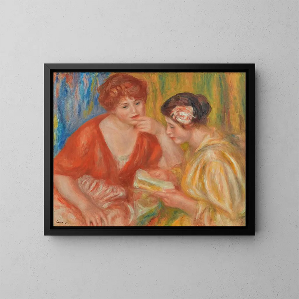 La Lecture. Två kvinnor med röda och rosa blusar - Pierre-Auguste Renoir — inramlat konstverk på väggen