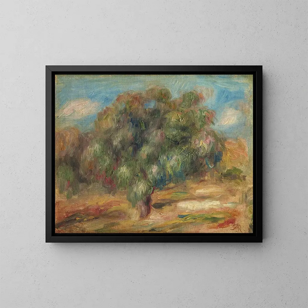 Landskapsbild med kvinna som odlar trädgård - Pierre-Auguste Renoir — inramlat konstverk på väggen