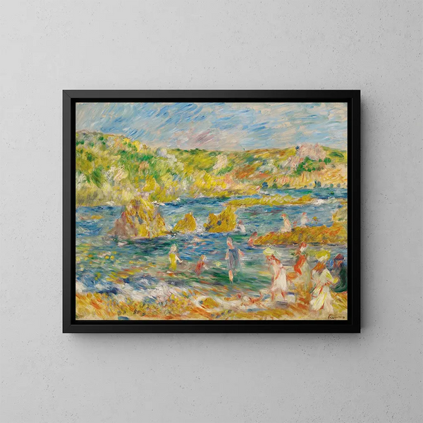 Rochers de Guernesey med personer på stranden av Guernesey - Pierre-Auguste Renoir — inramlat konstverk på väggen