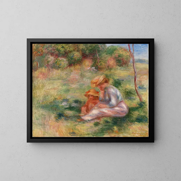 kvinna och barn i gräset - Pierre-Auguste Renoir — inramlat konstverk på väggen