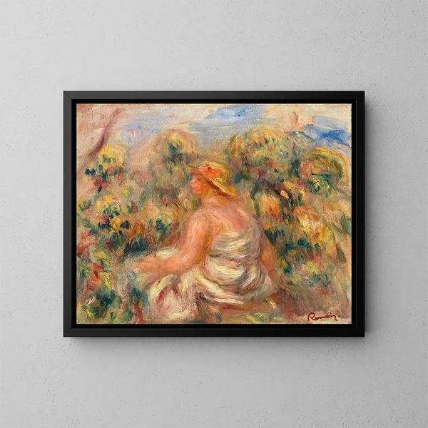 kvinna med hatt i ett landskap - Pierre-Auguste Renoir — inramlat konstverk på väggen