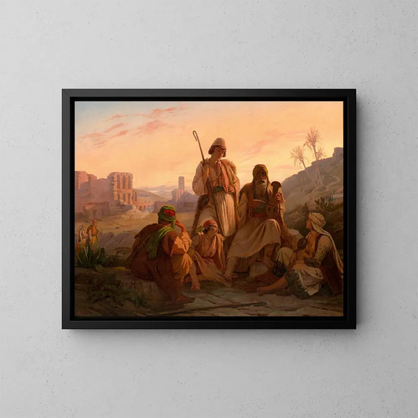 La prière du soir des bergers dans les ruines du théâtre d'Hérode Atticus au pied de l'Acropole d'Athènes - Pierre Bonirote — inramlat konstverk på väggen