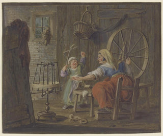 En gammal kvinna spinnar medan ett barn med en fågel - Pieter Bartholomeusz Barbiers — vy av konstverket