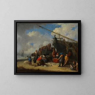 Fiskmarknad på stranden - Pieter Bout — inramlat konstverk på väggen