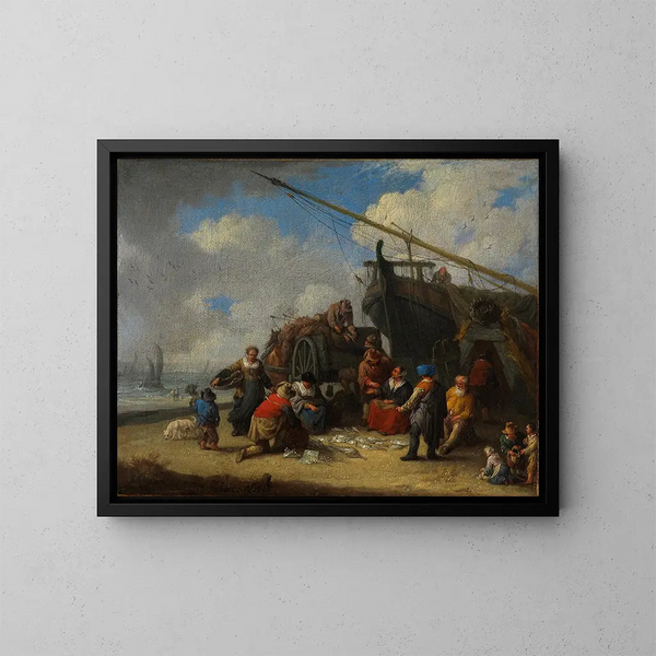 Fiskmarknad på stranden - Pieter Bout — inramlat konstverk på väggen