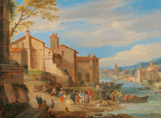 Le port de Ripa Grande à Rome avec des marchands en conversation - Pieter Bout — vy av konstverket