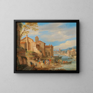 Le port de Ripa Grande à Rome avec des marchands en conversation - Pieter Bout — inramlat konstverk på väggen