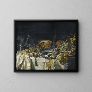Naturstilleben med en korg med druvor, en tennkanna och ett ur - Pieter Claesz — inramlat konstverk på väggen