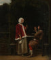 En kvinna och två män i en lusthus - Pieter de Hooch — vy av konstverket