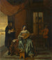 En inomhusscen med en kvinna som spelar luta och en man som spelar violin - Pieter de Hooch — vy av konstverket