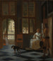 En man lämnar ett brev till en kvinna i entréhallen i ett hus - Pieter de Hooch — vy av konstverket