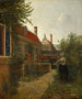kvinna med en korg bönor i en köksträdgård - Pieter de Hooch — vy av konstverket