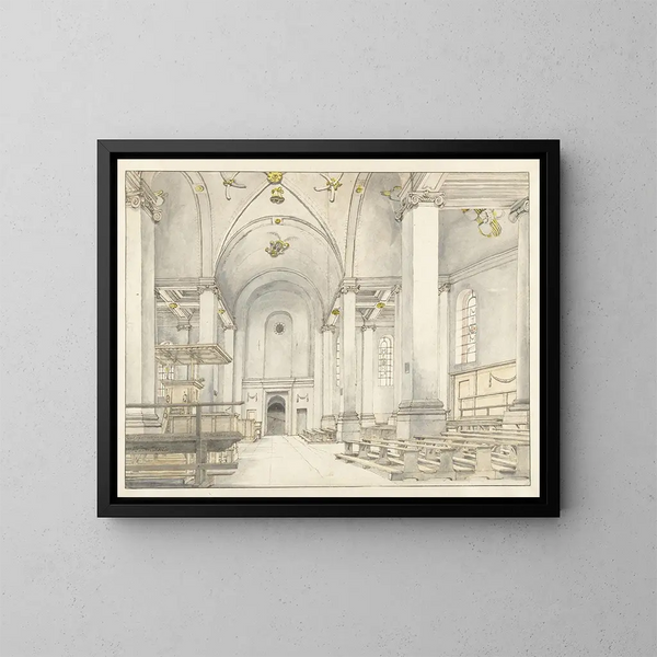 utsikten över skeppet i Nieuwe Kerk i Haarlem med blick mot väster - Pieter Jansz Saenredam — inramlat konstverk på väggen