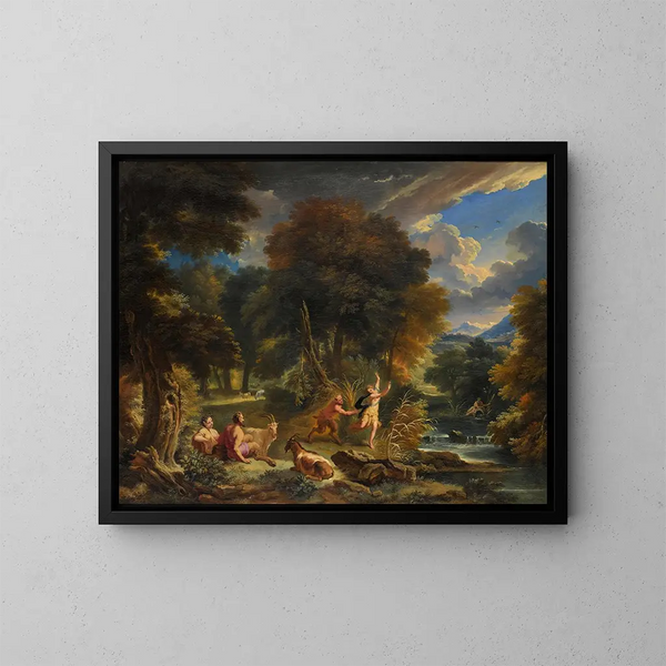 Pan och Syrinx i ett flodlandskap - Pieter Mulier den äldre — inramlat konstverk på väggen
