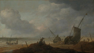 Pieter Mulier the Elder - Strandszene mit Blick auf ein bewegtes Meer mit zahlreichen Schiffen.webp