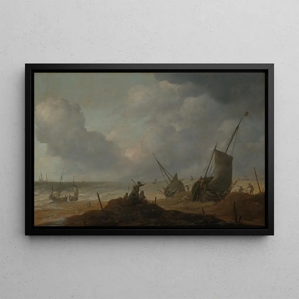 Pieter Mulier the Elder - Strandszene mit Blick auf ein bewegtes Meer mit zahlreichen Schiffen.webp