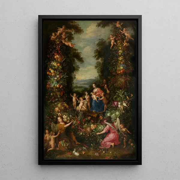 Den heliga familjen med den lille Saint Jean-Baptiste omgiven av en blomster-, grönsaks- och fruktgirlang - Pieter van Avont — inramlat konstverk på väggen