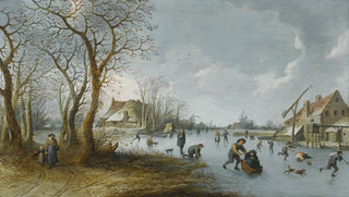 Pieter de Bloot - A Frozen River Landscape With A Man Pushing His Wife Along The Ice In A Sledge.webp