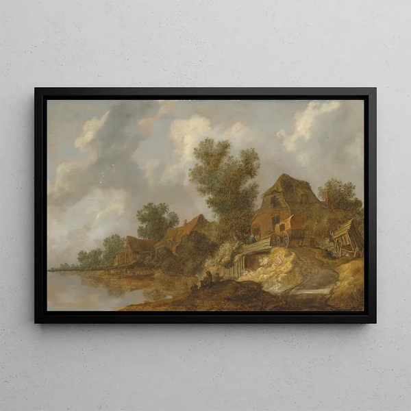 Pieter de Molijn - A river landscape with a ferry and fisherfolk a carriage on a bridge near houses to the right.webp