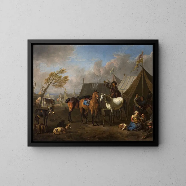 campingscen med en trumpetare - Pieter van Bloemen — inramlat konstverk på väggen