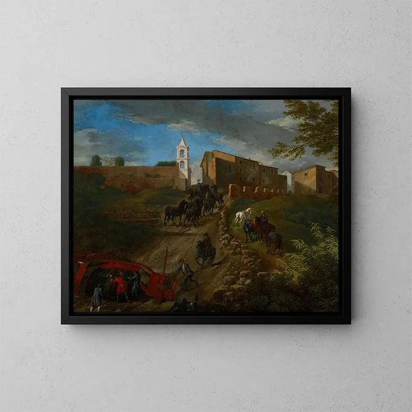 coachar och resenärer vid Madonna del Riposo nära Rom - Pieter van Bloemen — inramlat konstverk på väggen