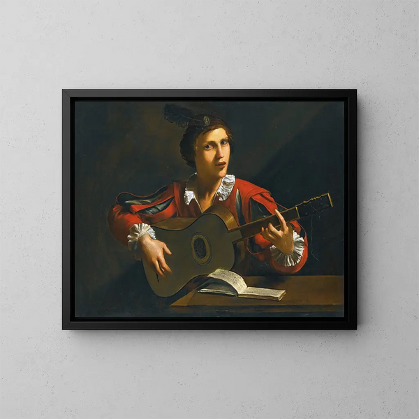 En spelare med gitarr sittande inomhus - Pietro Paolini — inramlat konstverk på väggen
