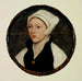 Porträtt av en ung kvinna med en vit huvudbonad - Hans Holbein den yngre — visat i en interiör