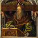 porträtt idealiserad av kejsar Justinianus - Cirkel av Ambrosius Holbein — visat i en interiör