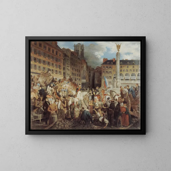 Le duc d'Orléans som färdas till rådhuset korsar Châtelet-torget den 31 juli 1830 - Prosper Lafaye — inramlat konstverk på väggen