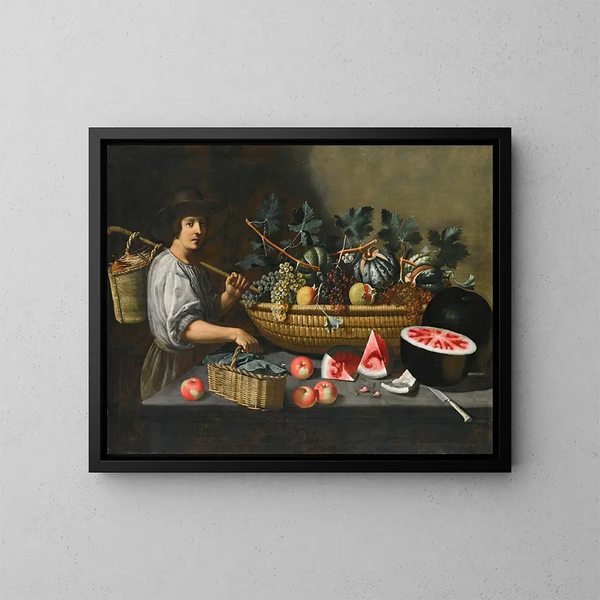 stillleben med druvor, meloner och granatäpplen på en stenbänk med en figur som bär en korg till vänster - Pseudo Pietro Paolo Bonzi — inramlat konstverk på väggen