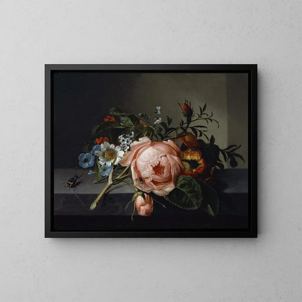 stilleben med en rosenkvist, en skalbagge och en bi - Rachel Ruysch — inramlat konstverk på väggen