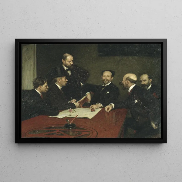 Le Conseil de la Société des Artistes Christian Eriksson Eugène Jansson Karl Nordström ordförande Robert Thegerström stående Nils Kreuger - Richard Bergh — inramlat konstverk på väggen