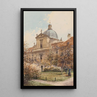 Richard Moser - A view of the church and monastery of the Visitation of the Virgin church of the Salesian sisters a gardener in the foreground.webp