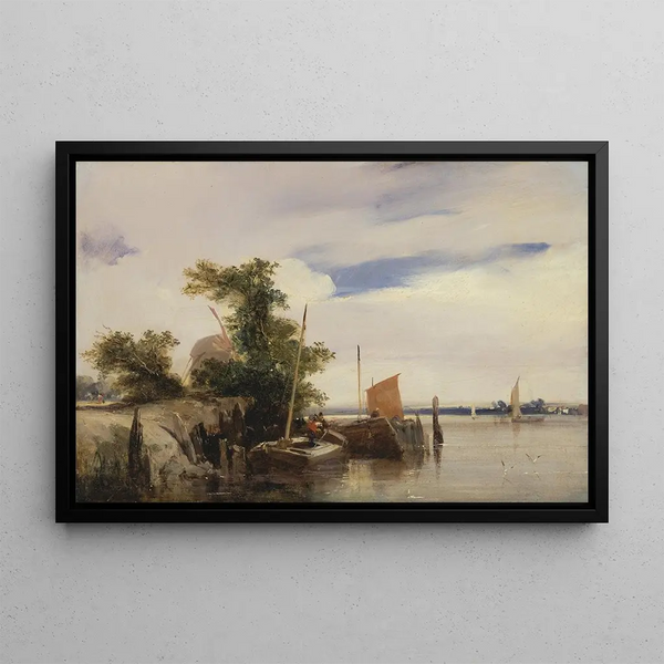 Péniches sur une rivière - Richard Parkes Bonington — inramlat konstverk på väggen