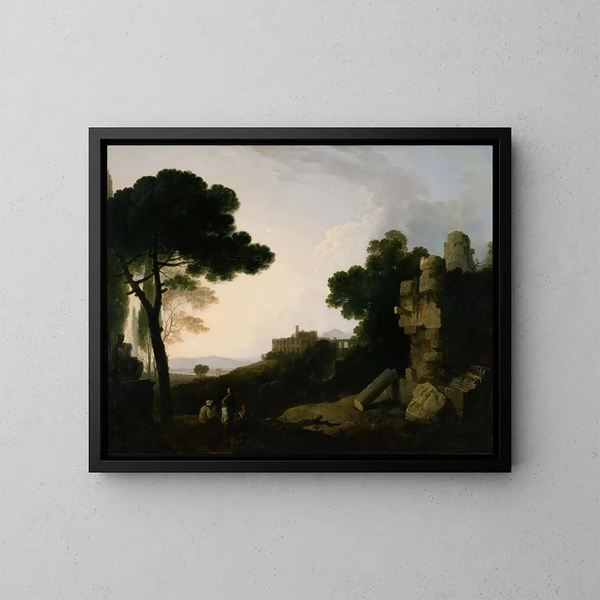 Landskapskapriccio med Horatius och Curiatius gravar samt Mecenas villa i Tivoli - Richard Wilson — inramlat konstverk på väggen